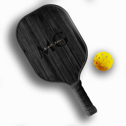 Moderne Zwart Hout Goud Monogram Initialen Pickleball Paddle