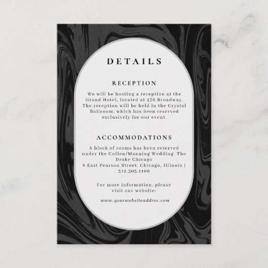 Moderne zwart marmer bruiloft informatie informatiekaartje (Voorkant)
