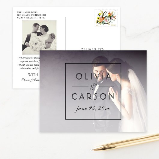 Moderne zwart monogram bruiloft foto dank u briefkaart