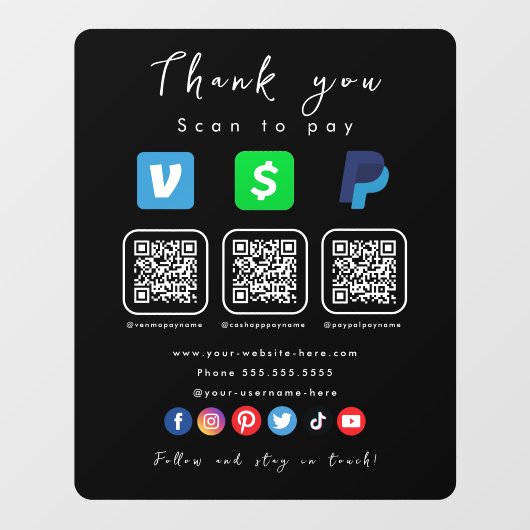Moderne Zwart Multi QR Code Paypal Venmo Cash App Raamsticker (Vel)