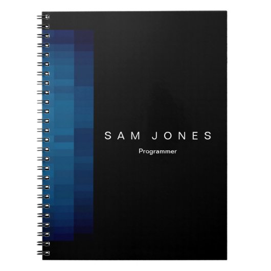 Moderne Zwart N Blauwe Pixel Notitieboek (Voorkant)