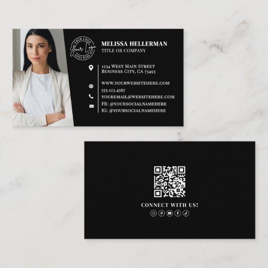 Moderne Zwart Professionele QR-code Fotologo Visitekaartje (Voorkant / Achterkant)