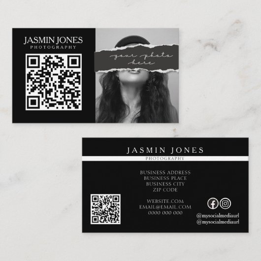 Moderne Zwart QR-code Foto Visitekaartje (Voorkant / Achterkant)