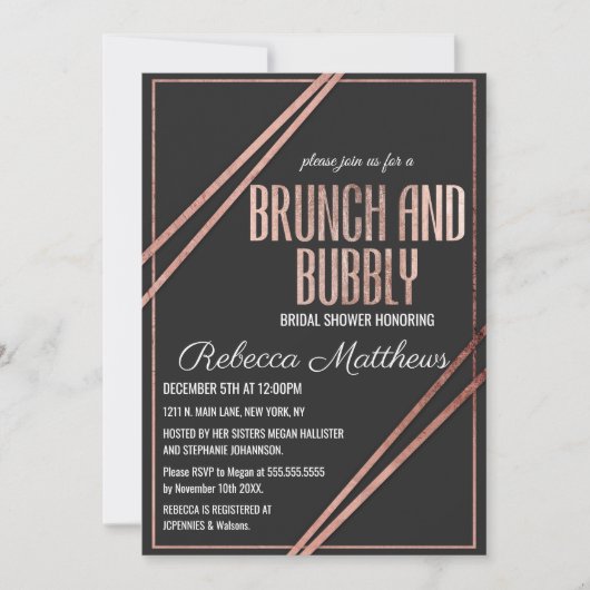 Moderne Zwart Roos Goud Chic Lineaire Brunch Bubbl Kaart (Voorkant)