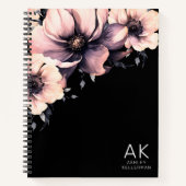 Moderne zwart roze bloemen monogrammed Initialen Notitieboek (Voorkant)
