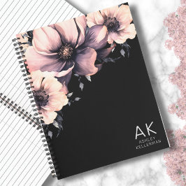 Moderne zwart roze bloemen monogrammed Initialen Notitieboek