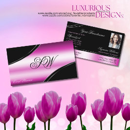 Moderne zwart roze gebogen lijnen monogram en foto visitekaartje