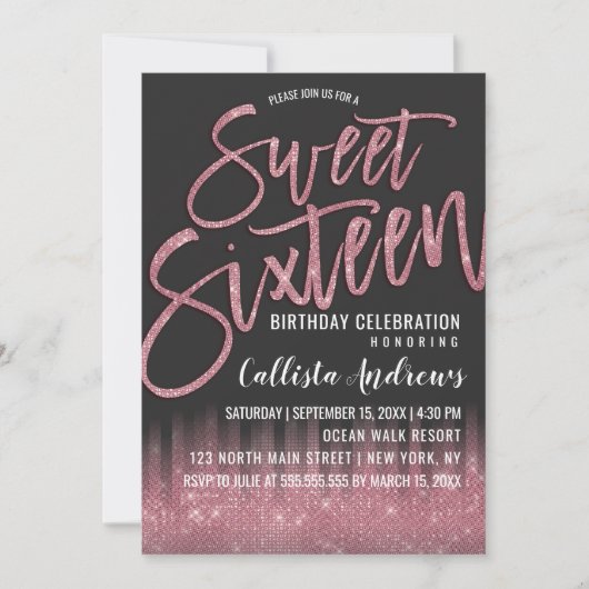 Moderne Zwart Roze Glitter Typografie Sweet 16 Kaart (Voorkant)