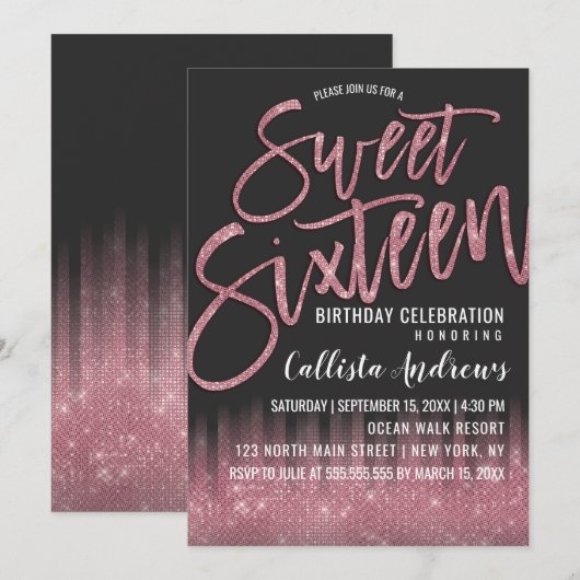 Moderne Zwart Roze Glitter Typografie Sweet 16 Kaart (Voorkant / Achterkant)