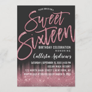 Moderne Zwart Roze Glitter Typografie Sweet 16 Kaart