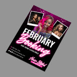 Moderne Zwart Roze Haar Salon Boeking Foto Flyer<br><div class="desc">Maak een statement met deze elegante kapsalon flyer, perfect voor het aankondigen van februari boeking openingen. Het ontwerp heeft een verfijnd kleurenpalet van diep paarse en zwarte kleuren, geaccentueerd met een modern roze neonschrift. De lay-out bevat ruimte voor drie foto's van hoge kwaliteit, die uw expertise op het gebied van...</div>