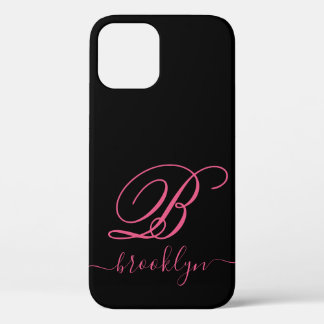 Moderne zwart-roze handgeschreven monogrammen van  Case-Mate iPhone case