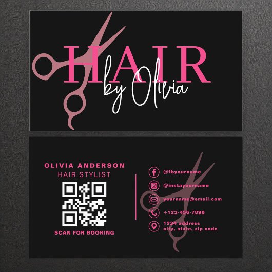 Moderne Zwart Roze Schaar QR Code Haarstylist Visitekaartje