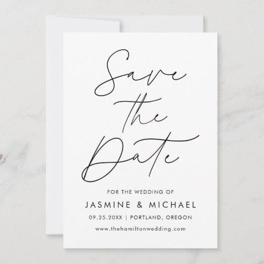 Moderne zwart script foto save the date (Voorkant)