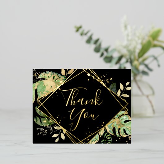 Moderne Zwart Tropisch Loof Huwelijk Bedankt Folie Uitnodiging Briefkaart (Staand Voorkant)
