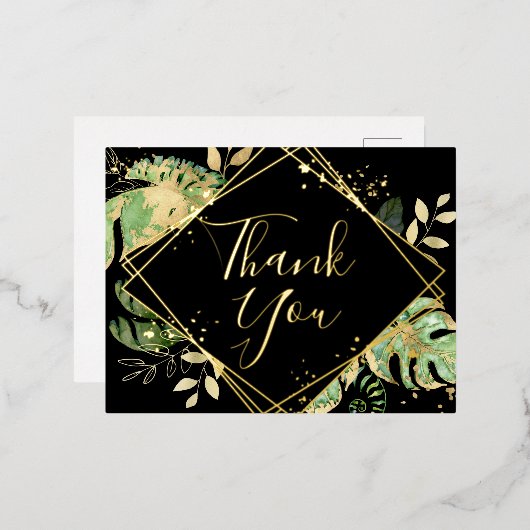 Moderne Zwart Tropisch Loof Huwelijk Bedankt Folie Uitnodiging Briefkaart (Voorkant / Achterkant)