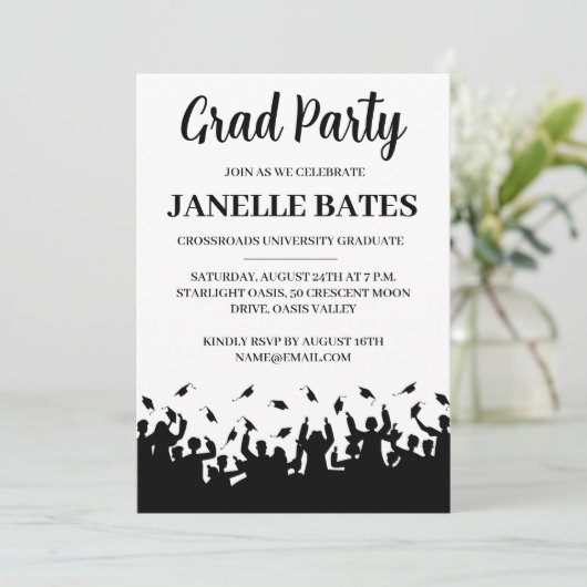 Moderne zwart-wit afstudeerfeest uitnodiging (Staand voorkant)