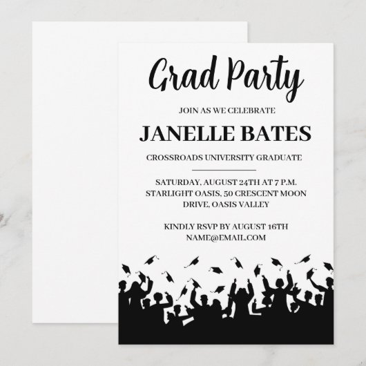 Moderne zwart-wit afstudeerfeest uitnodiging (Voorkant / Achterkant)