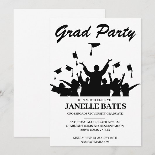 Moderne zwart-wit afstudeerfeest uitnodiging (Voorkant / Achterkant)
