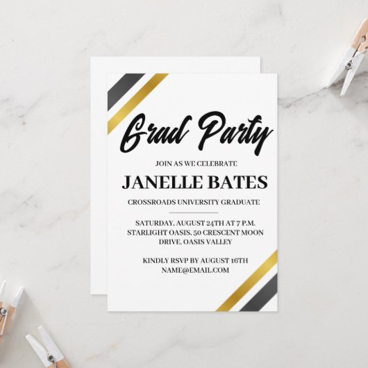Moderne zwart-wit afstudeerfeest uitnodiging (Voorkant / Achterkant in situ)