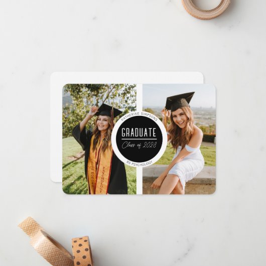 Moderne Zwart&Wit Afstudeerkaart met Twee Foto's Notitiekaartje (Voorkant / Achterkant in situ)