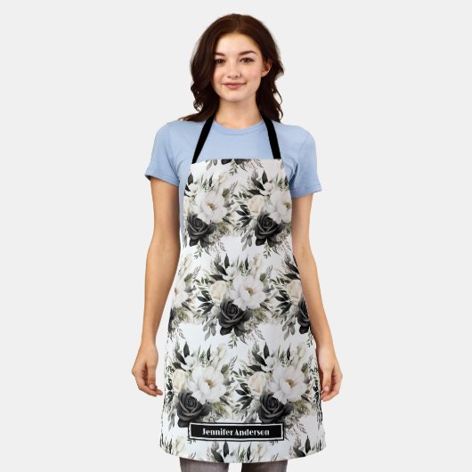 Moderne zwart-wit aquarel bloemen schort (Gedragen)