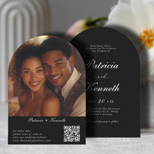 Moderne Zwart & Wit Arch QR Code Trouwfoto Kaart