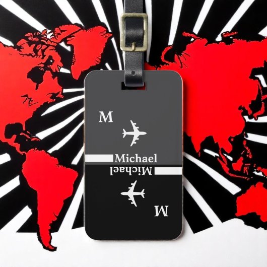 Moderne Zwart/Wit bagage met naam Bagagelabel