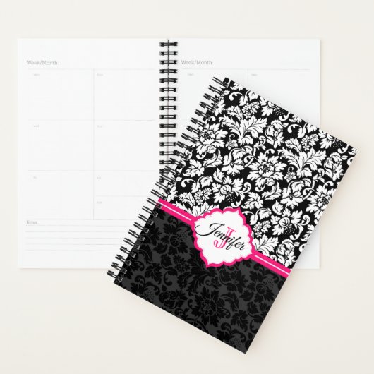 Moderne zwart-wit bloemdamast planner (Display)