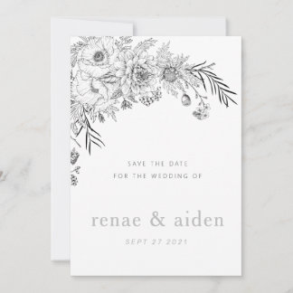 Moderne zwart-wit bloemen bewaren de datumkaart save the date