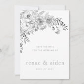 Moderne zwart-wit bloemen bewaren de datumkaart save the date (Voorkant)