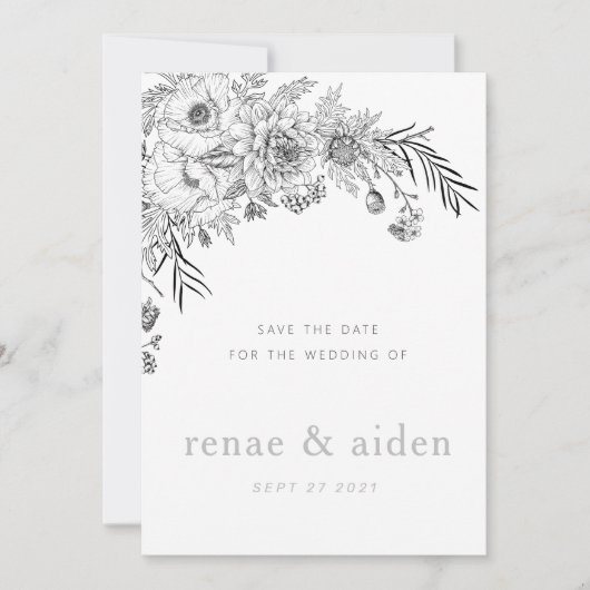 Moderne zwart-wit bloemen bewaren de datumkaart save the date (Voorkant)