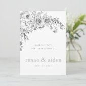Moderne zwart-wit bloemen bewaren de datumkaart save the date (Staand voorkant)