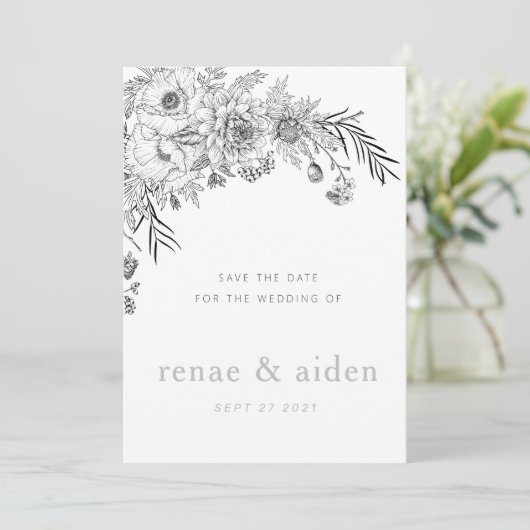 Moderne zwart-wit bloemen bewaren de datumkaart save the date (Staand voorkant)