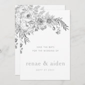 Moderne zwart-wit bloemen bewaren de datumkaart save the date (Voorkant / Achterkant)