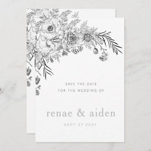 Moderne zwart-wit bloemen bewaren de datumkaart save the date (Voorkant / Achterkant)