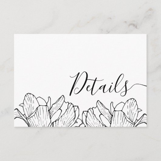 Moderne zwart-wit bloemen bruiloft details informatiekaartje (Voorkant)