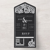 Moderne Zwart-wit Bloemen Damask Bruiloft All In One Uitnodiging (Binnen)