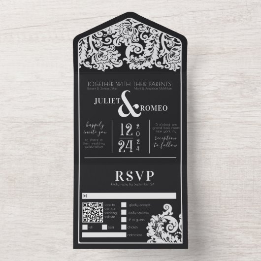 Moderne Zwart-wit Bloemen Damask Bruiloft All In One Uitnodiging (Binnen)