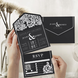 Moderne Zwart-wit Bloemen Damask Bruiloft All In One Uitnodiging