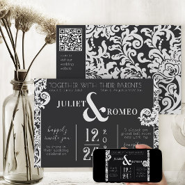 Moderne Zwart-wit Bloemen Damask Bruiloft Kaart