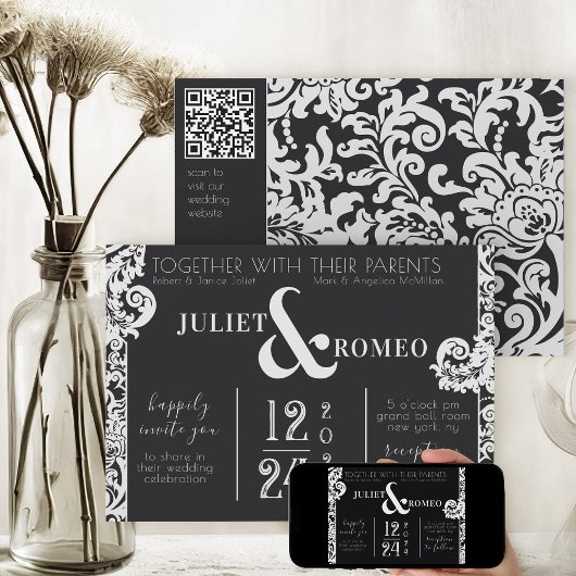 Moderne Zwart-wit Bloemen Damask Bruiloft Kaart