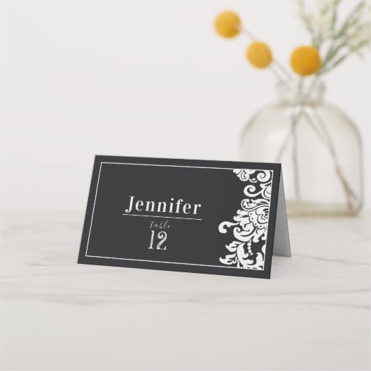 Moderne Zwart & Wit Bloemen Damask Tafel Plaatskaartje (Voorkant)