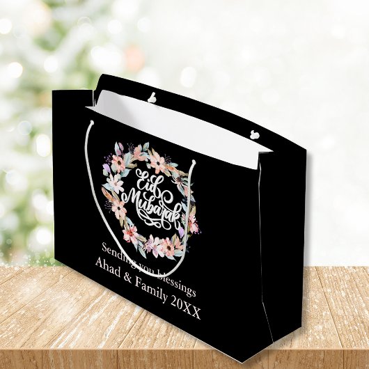 Moderne Zwart-wit Bloemen Eid Mubarak Gift Bag Groot Cadeauzakje