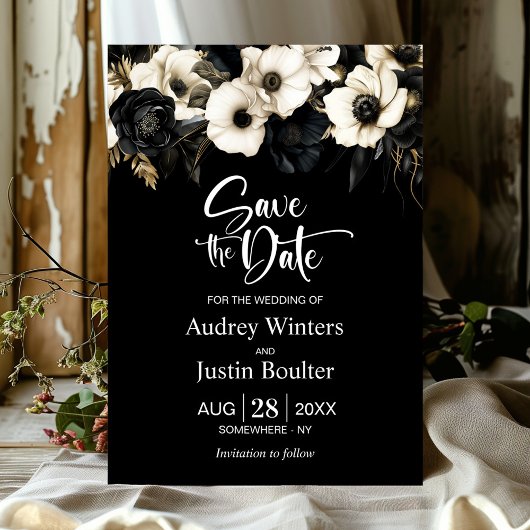 Moderne Zwart Wit Bloemen Huwelijk Save the Date Kaart