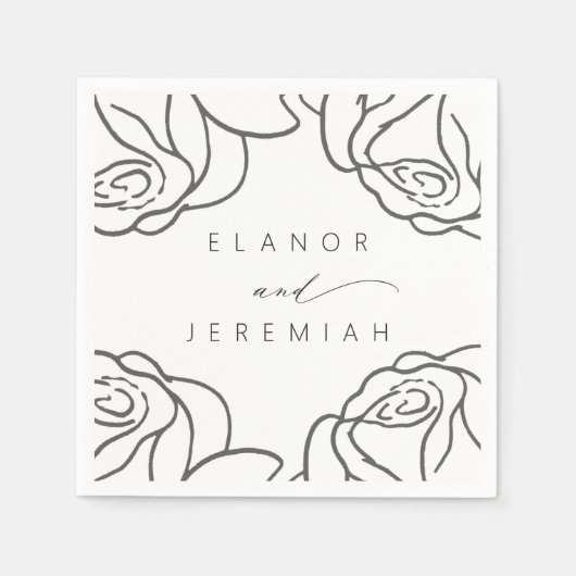 Moderne Zwart Wit Bloemen Kalligrafie Trouwen Servet (Voorkant)