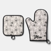 Moderne zwart-wit bloemen moeder gepersonaliseerd ovenwant & pannenlap set (Voorkant)