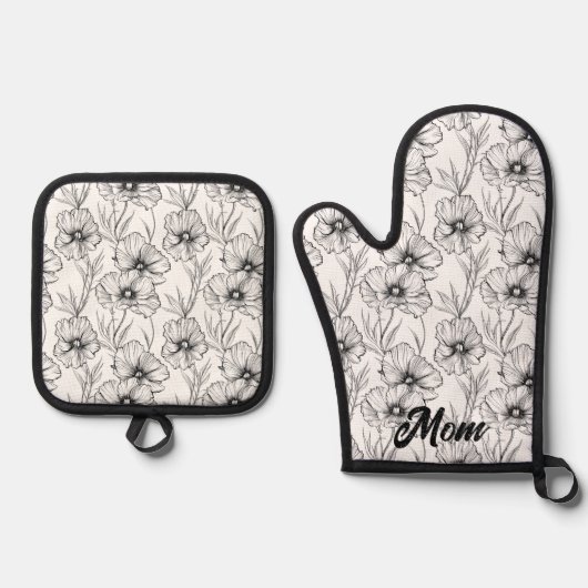 Moderne zwart-wit bloemen moeder gepersonaliseerd ovenwant & pannenlap set (Voorkant)