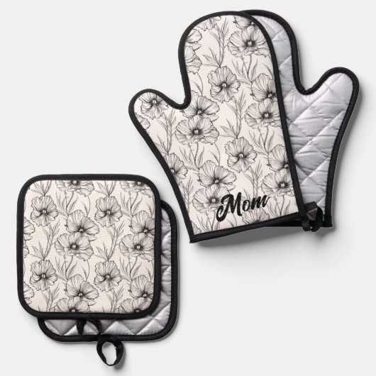 Moderne zwart-wit bloemen moeder gepersonaliseerd ovenwant & pannenlap set (Voorkant / Achterkant)