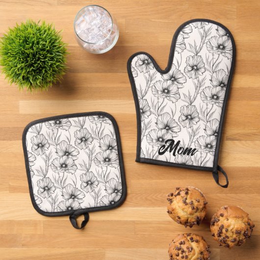 Moderne zwart-wit bloemen moeder gepersonaliseerd ovenwant & pannenlap set (Top down)